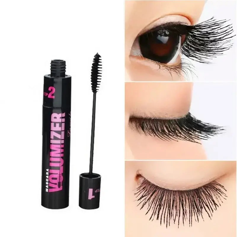 Mascara tube with wand and close-up images of eyelashes.