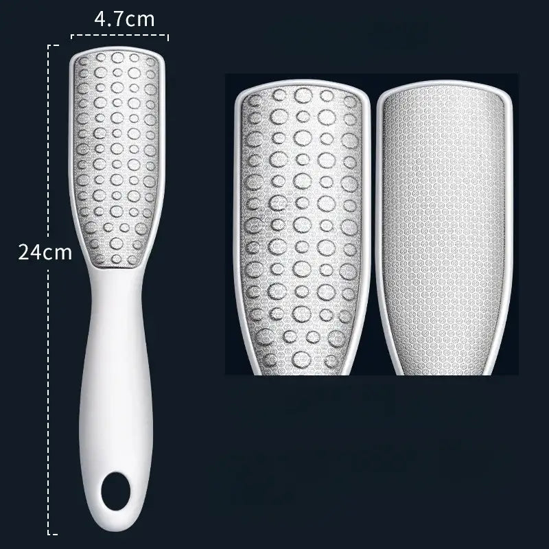 Foot file or callus remover with a textured metal surface and white handle.