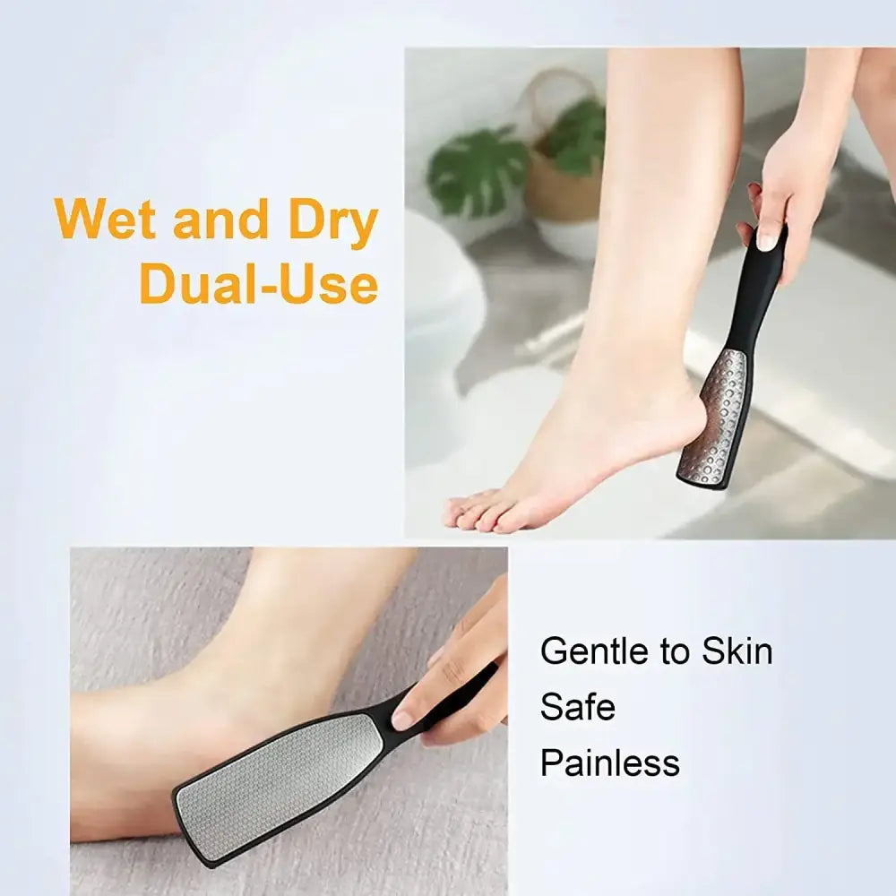 Foot file or callus remover with dual-sided surfaces for wet and dry use.