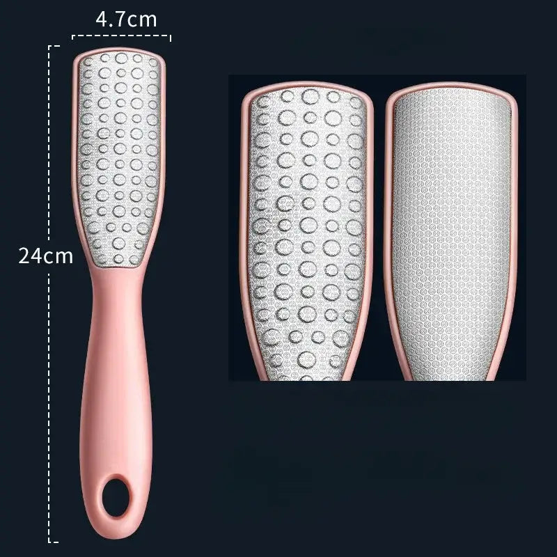 Foot file or callus remover with a pink handle and textured metal surface.