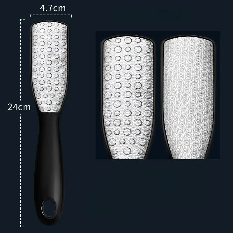 Foot file or callus remover with a textured metal surface and black handle.