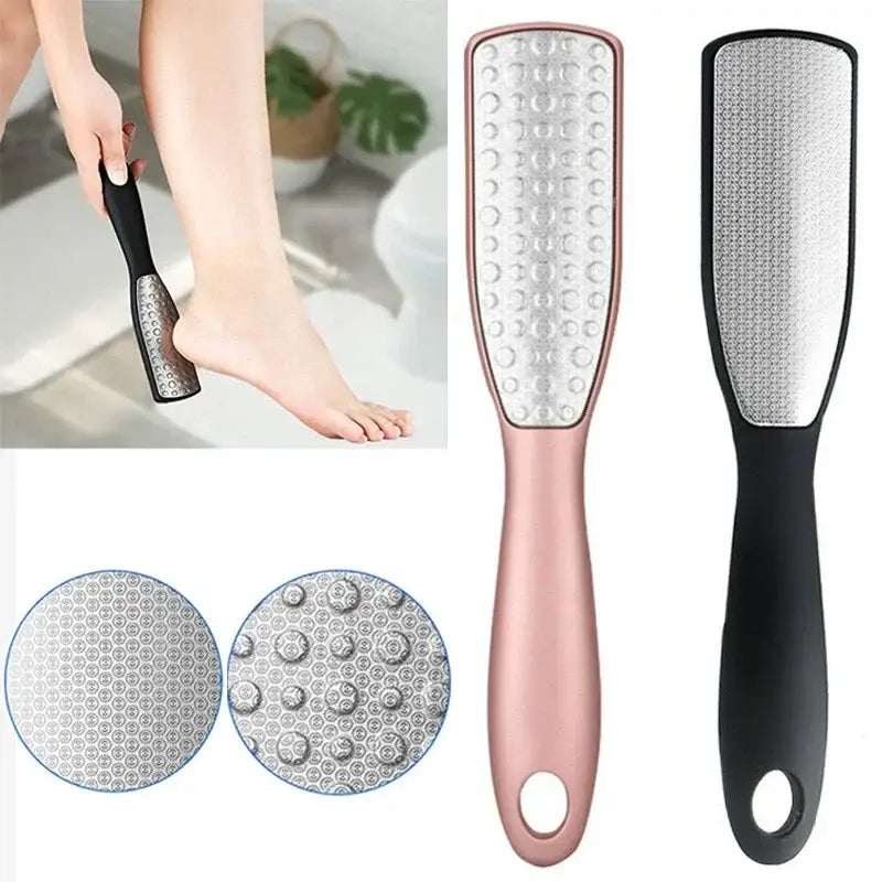 Foot file or callus remover with textured metal surface for smoothing rough skin.