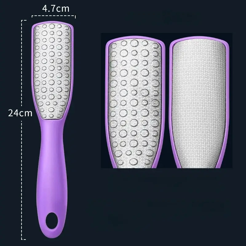 Purple foot file with interchangeable textured surfaces for exfoliating skin.