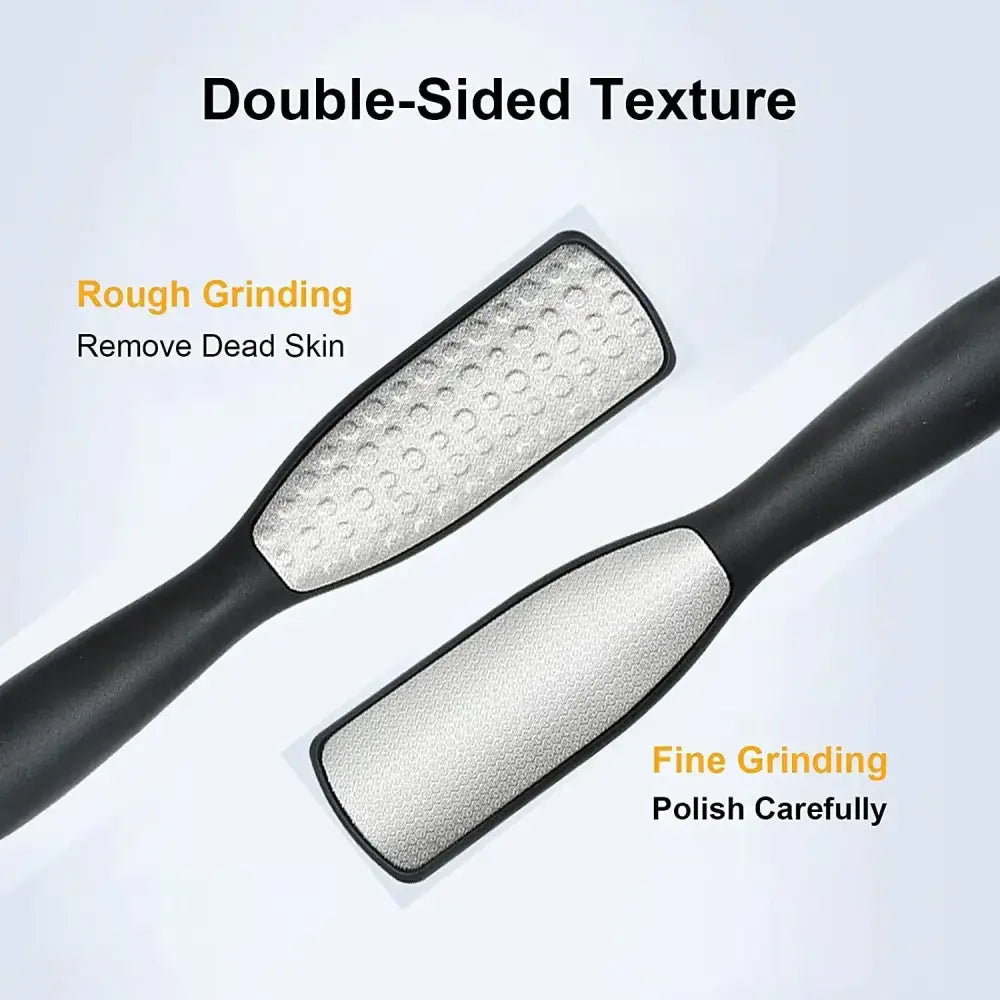 Double-sided foot file with rough and fine grinding surfaces for removing dead skin and polishing.