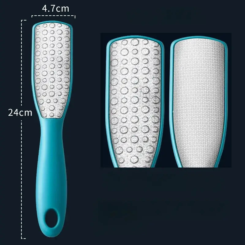 Teal-handled foot file with a textured metal surface for removing dead skin.