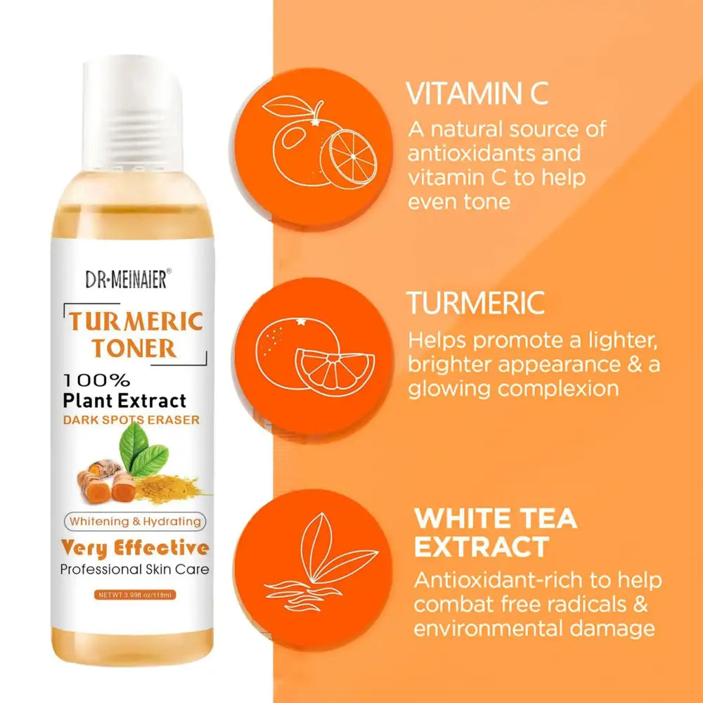 Bottle of turmeric toner with accompanying ingredient information graphics.