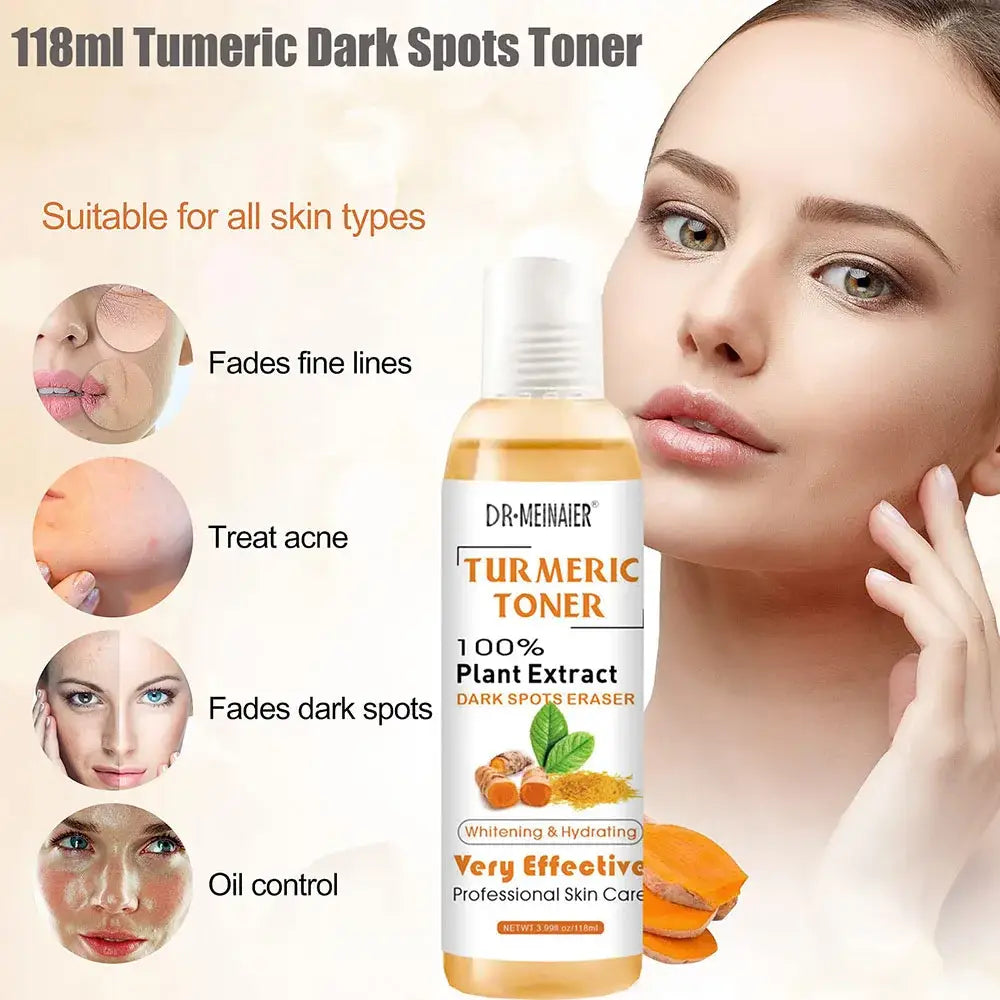 Bottle of turmeric toner for skincare with product benefits illustrated.