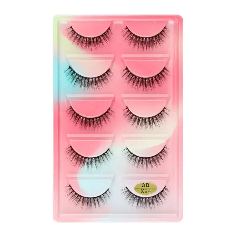 Set of five pairs of false eyelashes in a pastel-colored packaging.