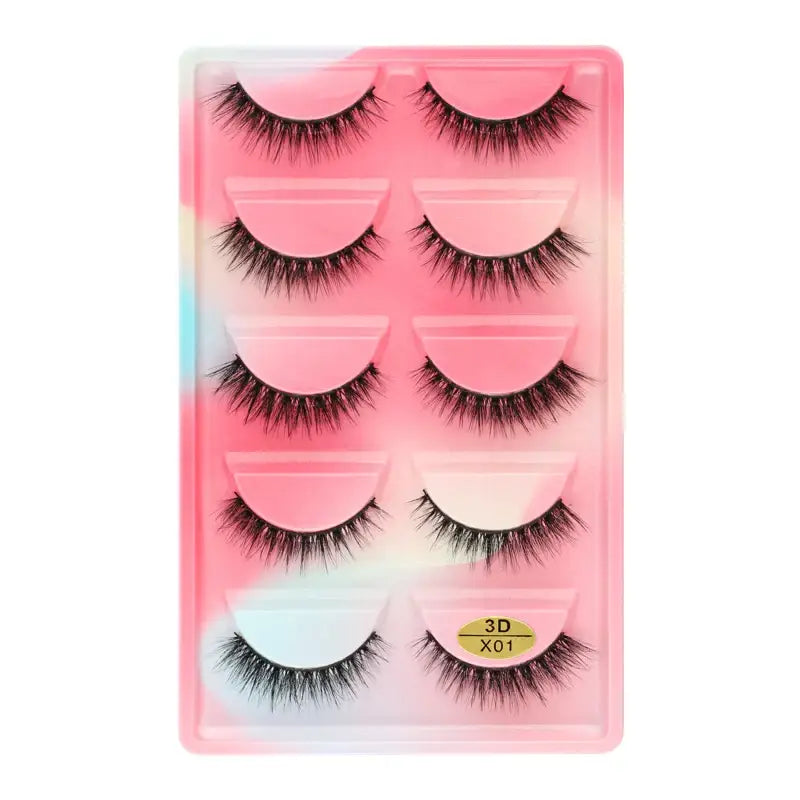 Set of five pairs of false eyelashes in a pink packaging tray.