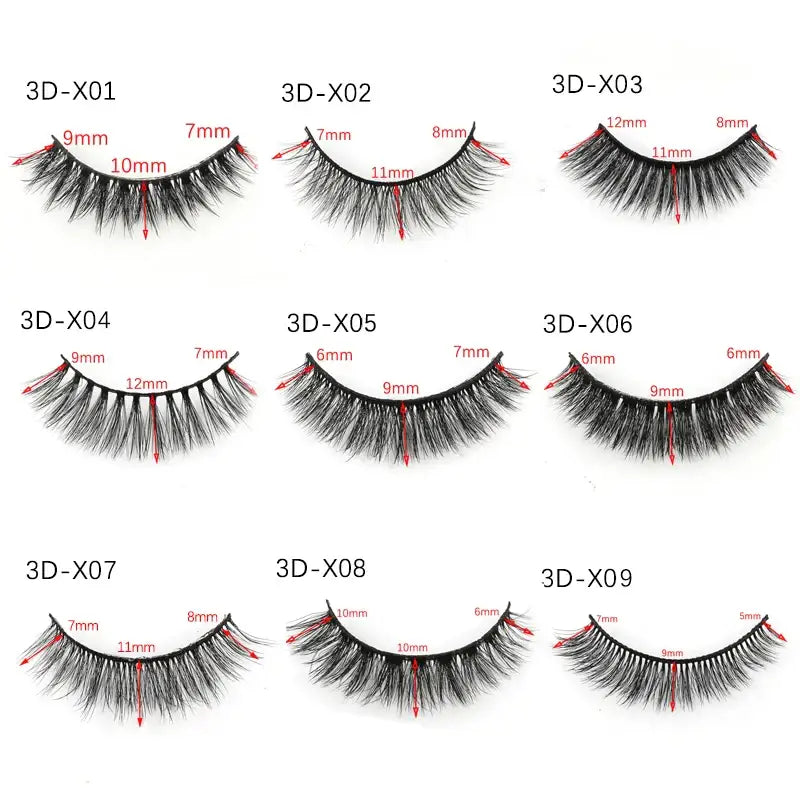 Set of nine different styles of false eyelashes with measurements indicated.