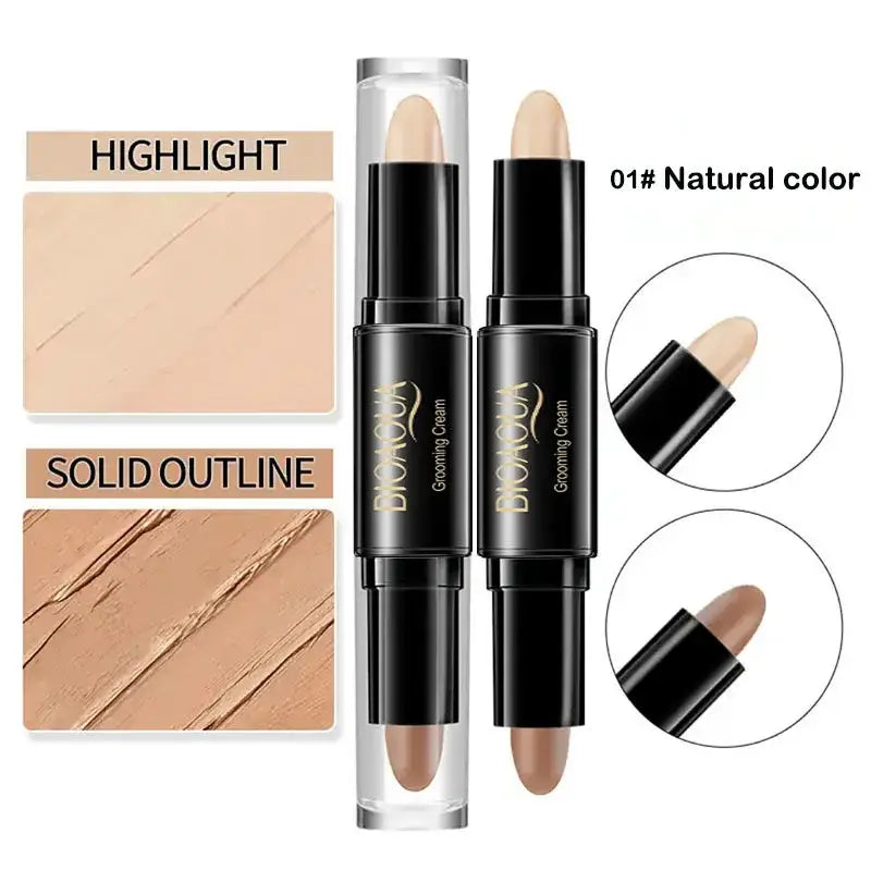 Dual-ended makeup stick featuring highlighter and contour shades in natural colors.