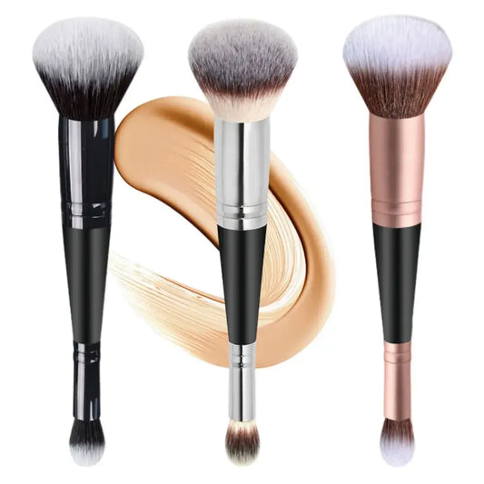 Makeup brushes with soft bristles and metallic handles in black, silver, and rose gold colors.