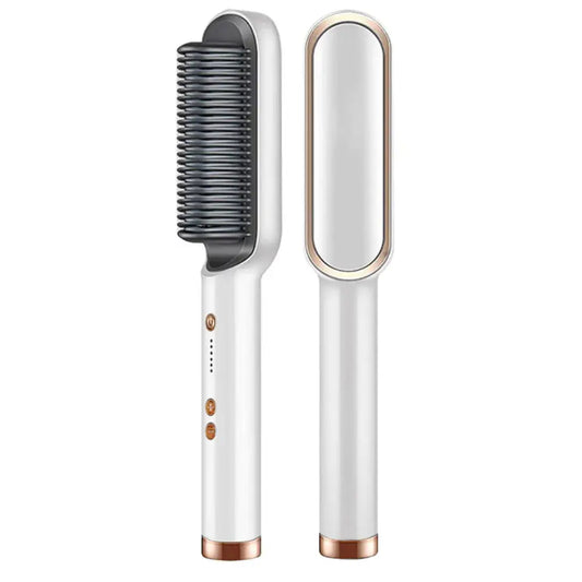 Hair straightening brush with a sleek white and gold design.