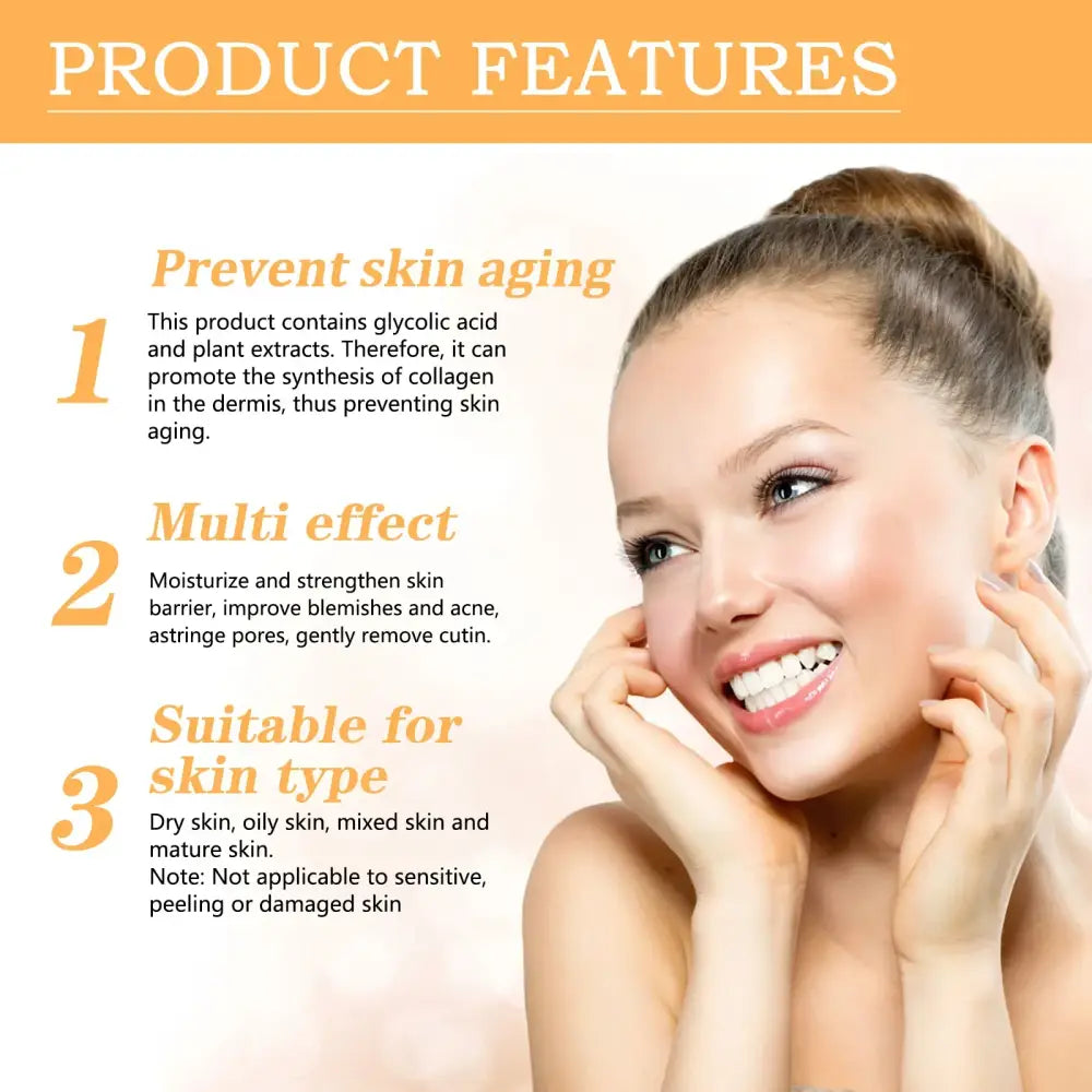 Product features advertisement for a skincare product, highlighting three key benefits.