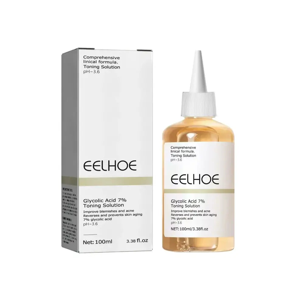 Skincare product bottle and packaging labeled ’EELHOE’ containing glycolic acid toning solution.