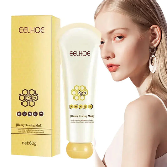 Skincare product tube and box with ’EELHOE’ branding and honeycomb design.