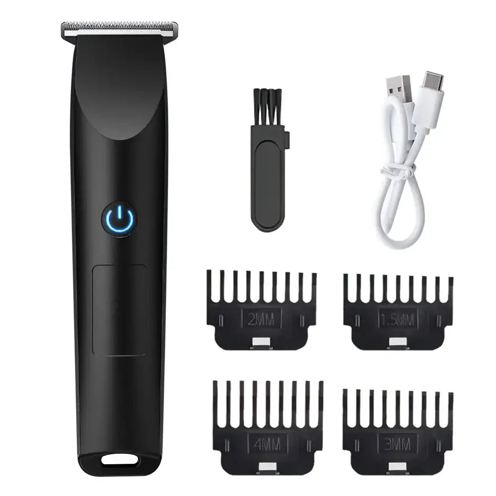 Electric beard trimmer with attachments and charging cable.