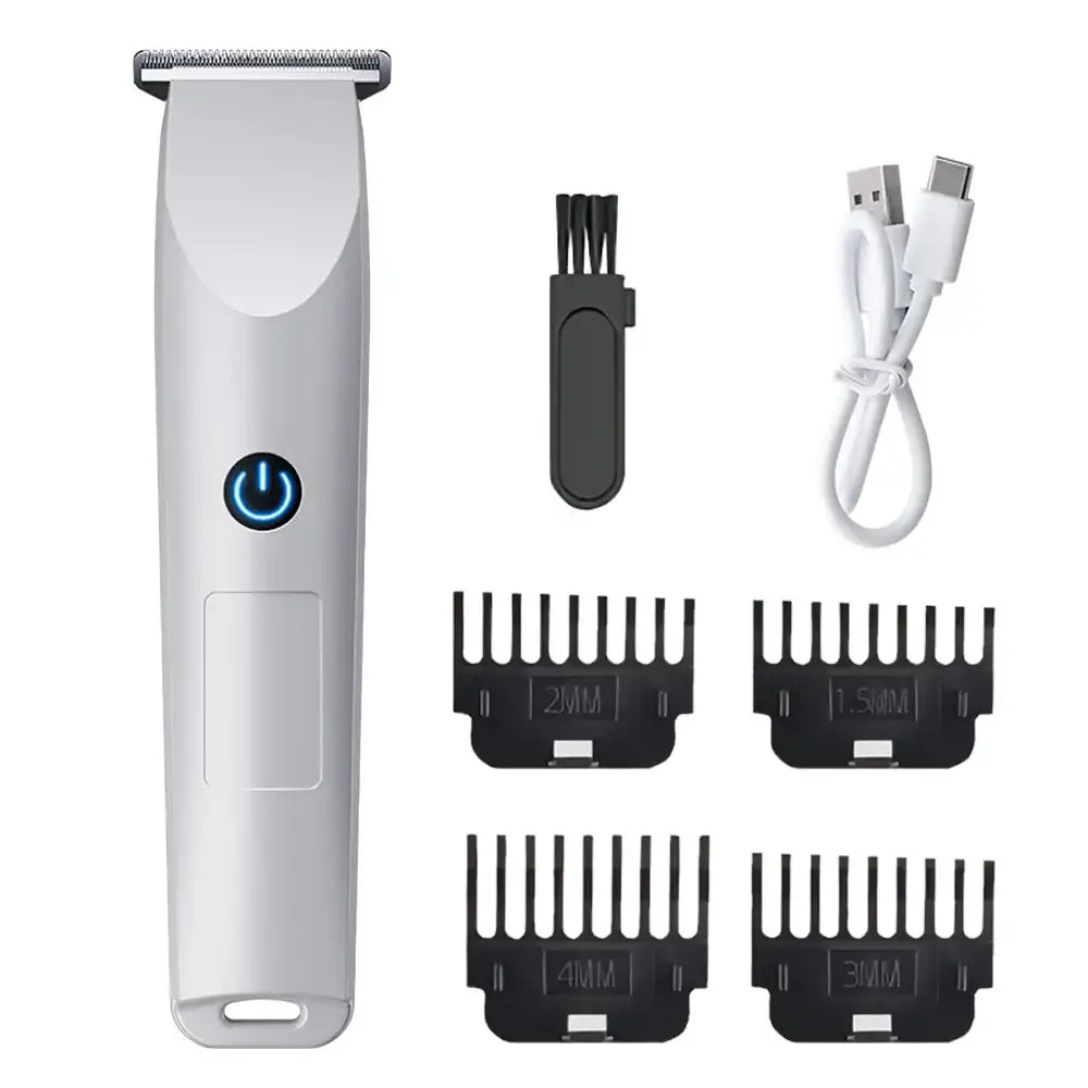 Electric hair trimmer with attachments and charging cable.