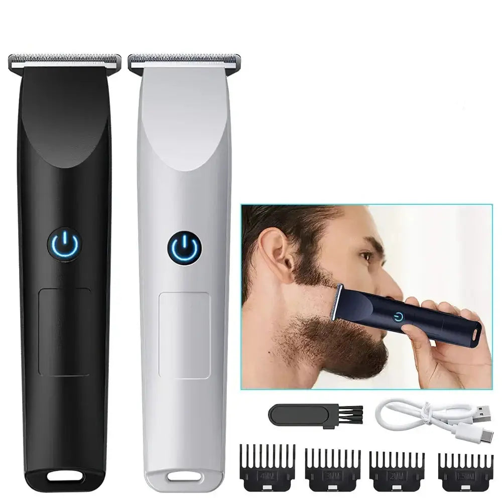 Electric hair trimmer or beard trimmer with interchangeable attachments and USB charging.