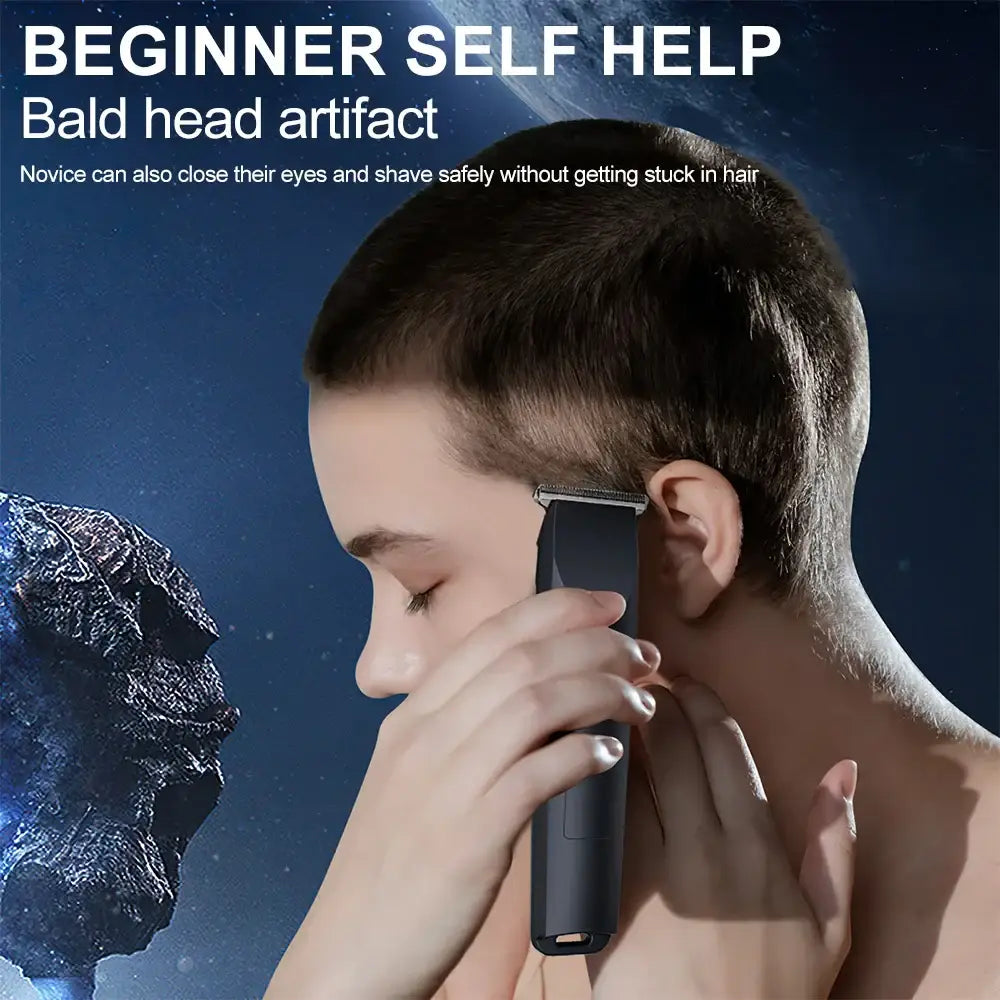 Electric hair clipper or trimmer held against a person’s head.