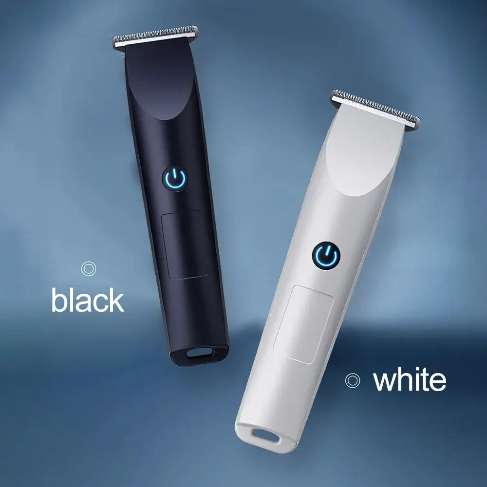 Electric hair trimmers in black and white colors with power buttons.