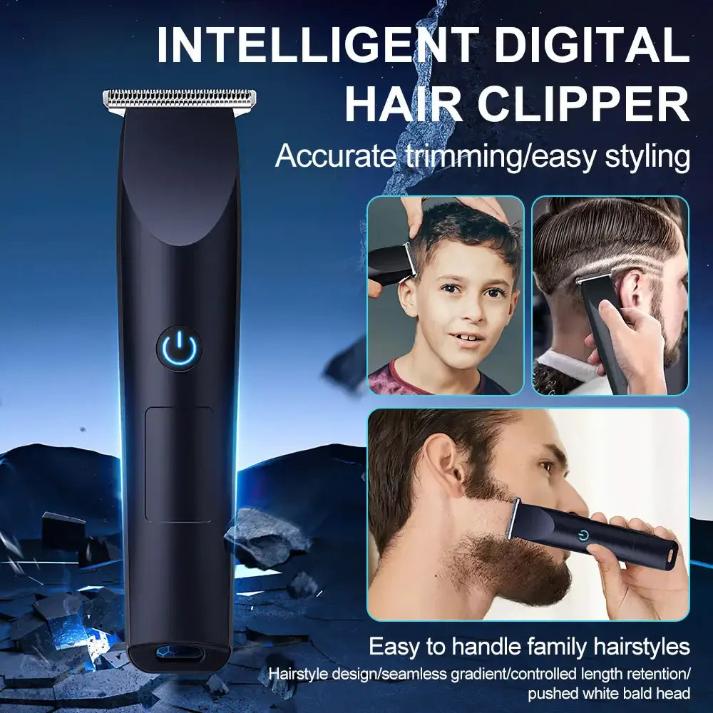 Sleek black digital hair clipper with a blue power button and metal trimming blade.