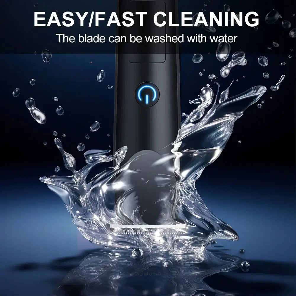 Sleek black electronic device with a blue power button surrounded by a dynamic water splash.