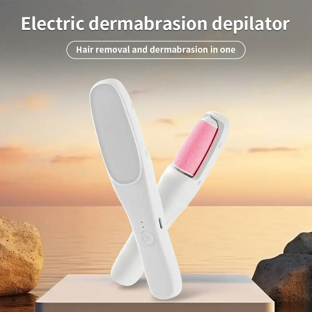 Electric dermabrasion depilator with two white arms, one featuring a pink roller attachment.