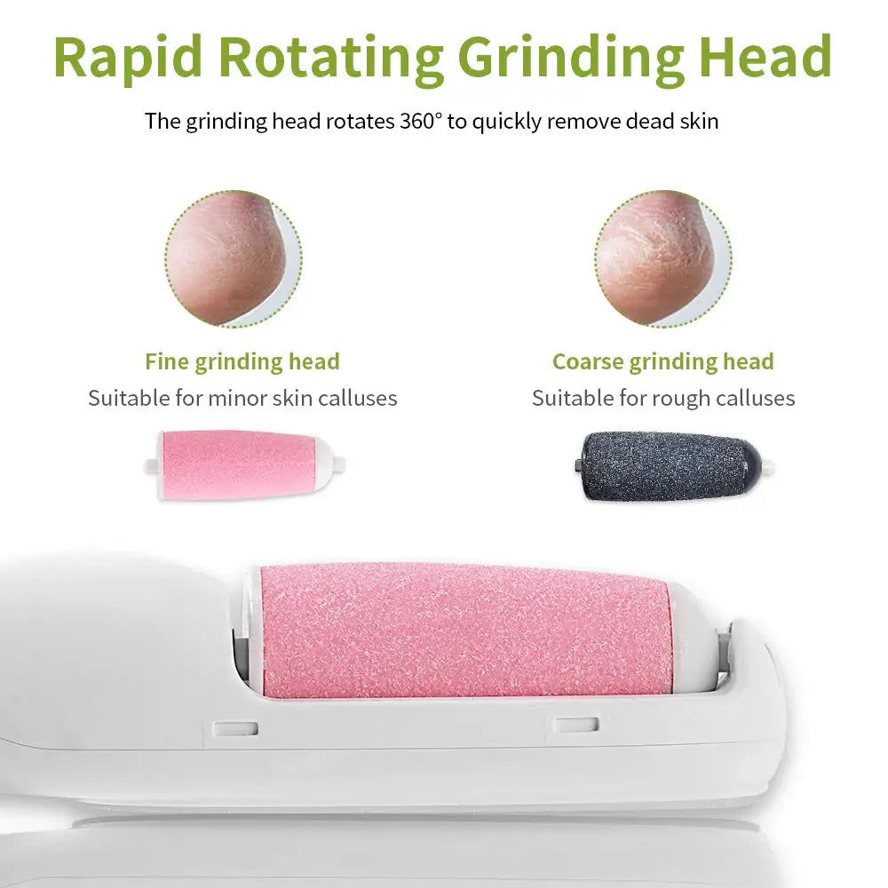 Rotating electric foot file with interchangeable grinding heads for removing dead skin and calluses.