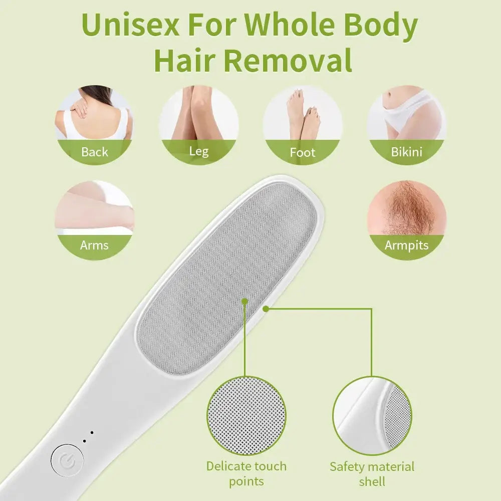 Handheld electric hair removal device with a wide oval head and safety features.