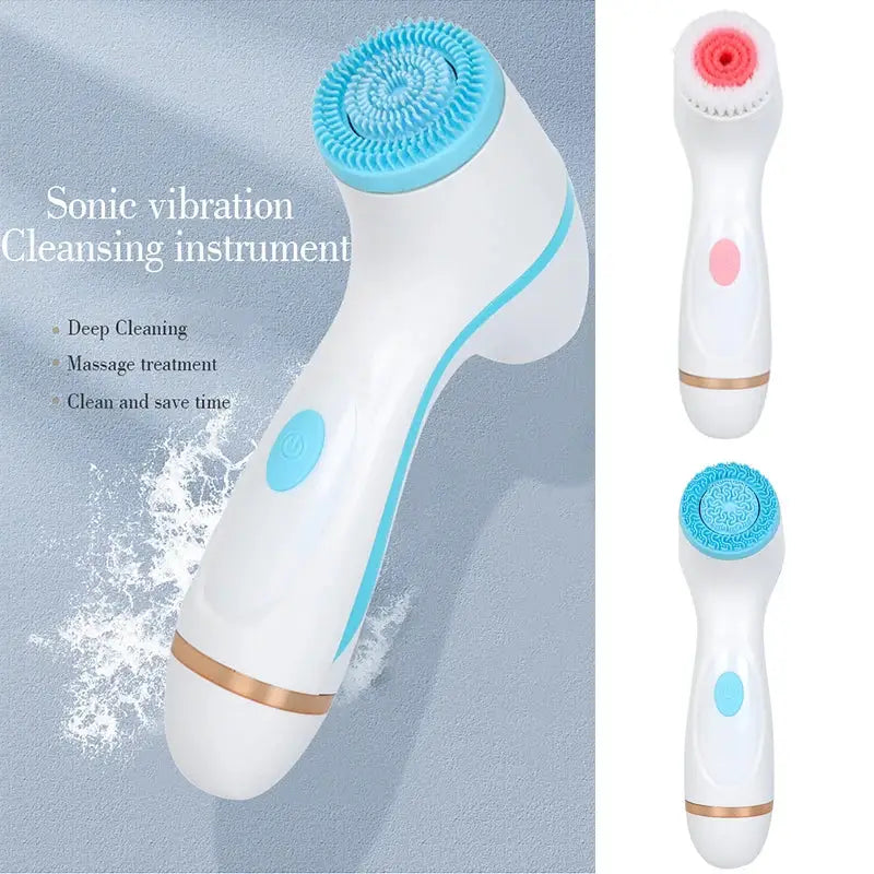 Handheld sonic vibration facial cleansing device with a blue circular brush head.