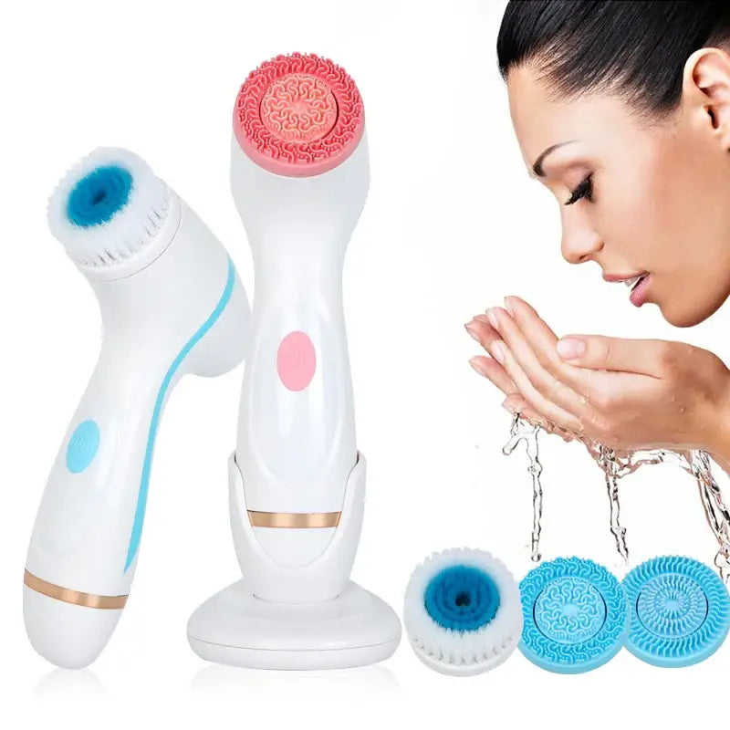 Facial cleansing brush set with interchangeable heads and a person washing their face.