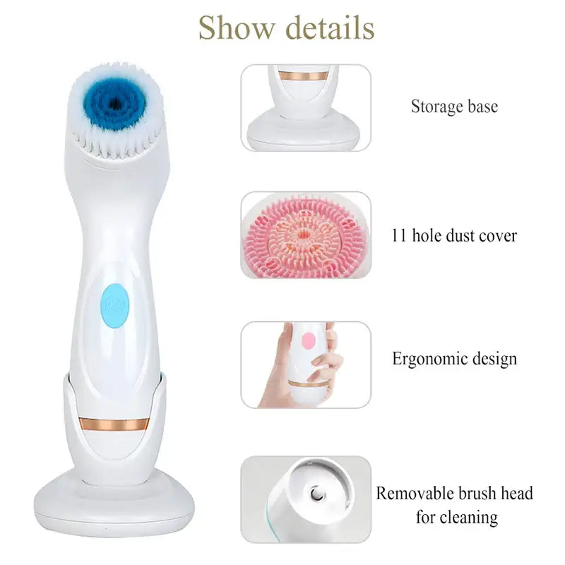 Electric facial cleansing brush with multiple attachments and features.