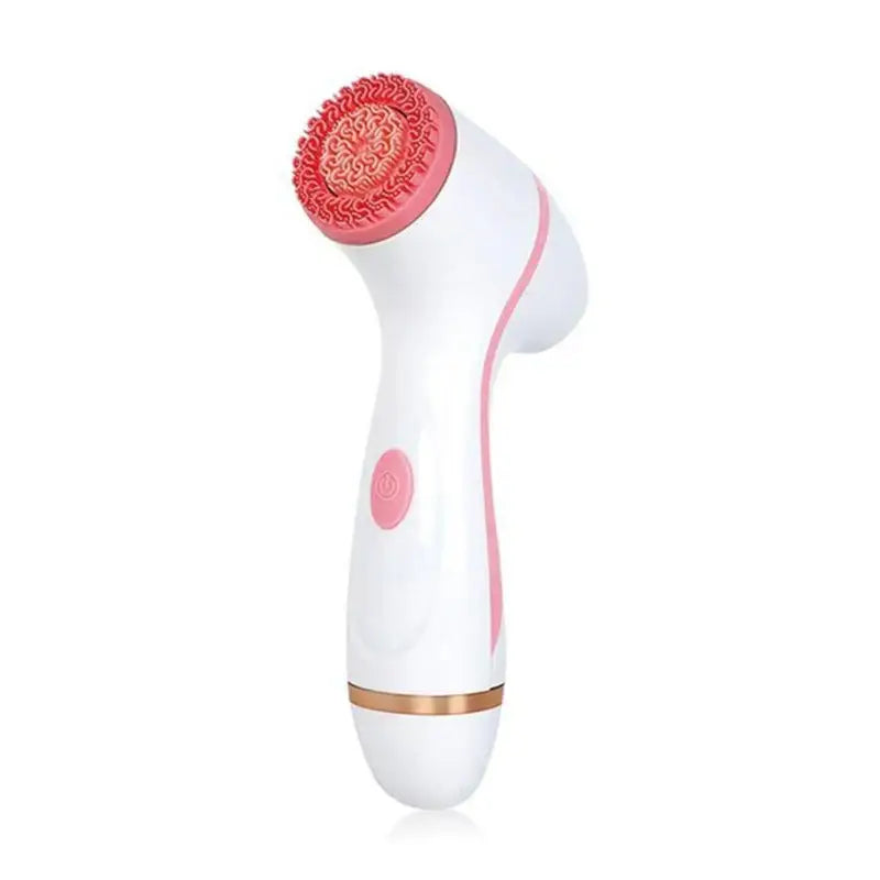 Handheld facial cleansing brush with a white body and pink accents.