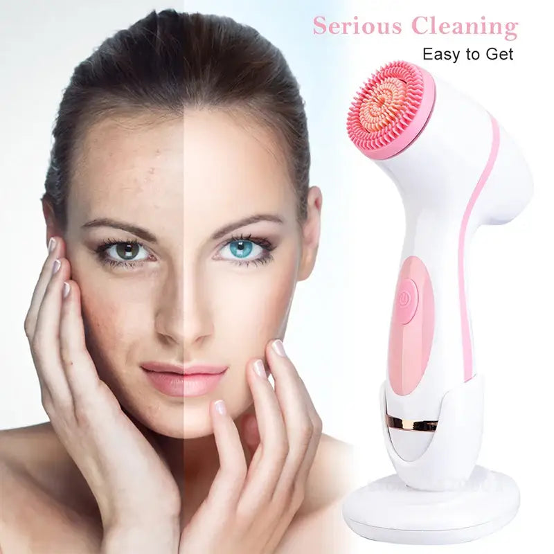 Pink and white electric facial cleansing brush with a rotating head.