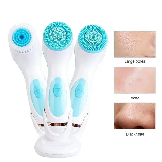 Set of three electric facial cleansing brushes with different blue brush heads.