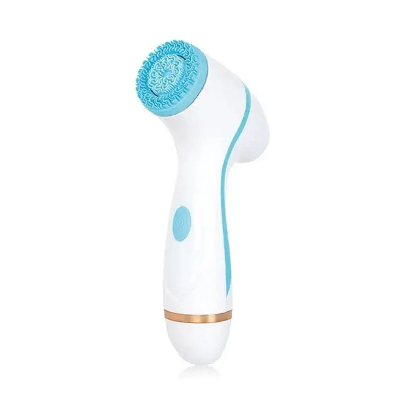 Electric facial cleansing brush with a white body and blue bristles.