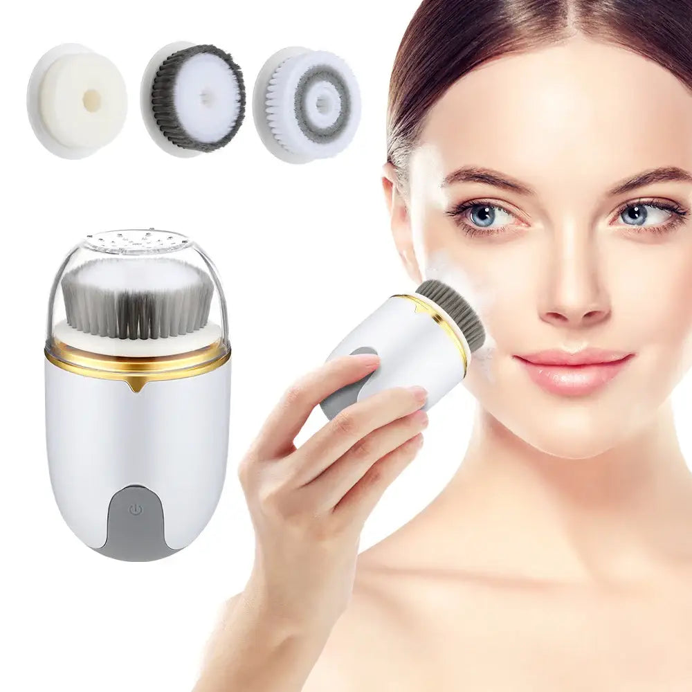 Electric facial cleansing brush with interchangeable brush heads.