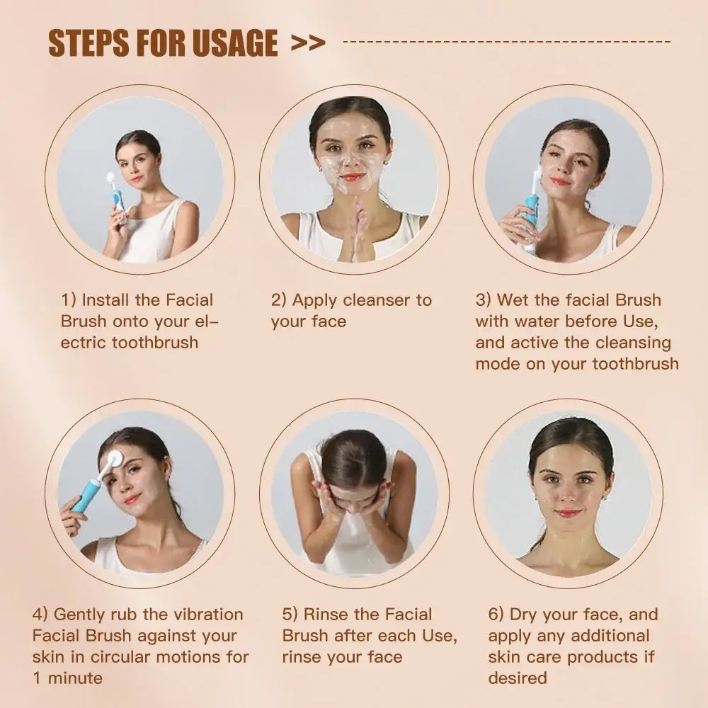 Step-by-step instructions for using a facial cleansing brush.