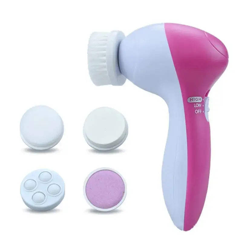 Electric facial cleansing brush with interchangeable heads in pink and white colors.