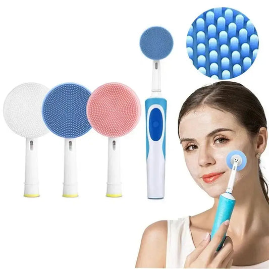 Facial cleansing brush with interchangeable heads in different colors and textures.