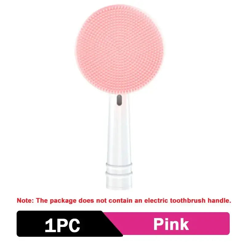 Circular pink silicone brush head attachment for an electric toothbrush.