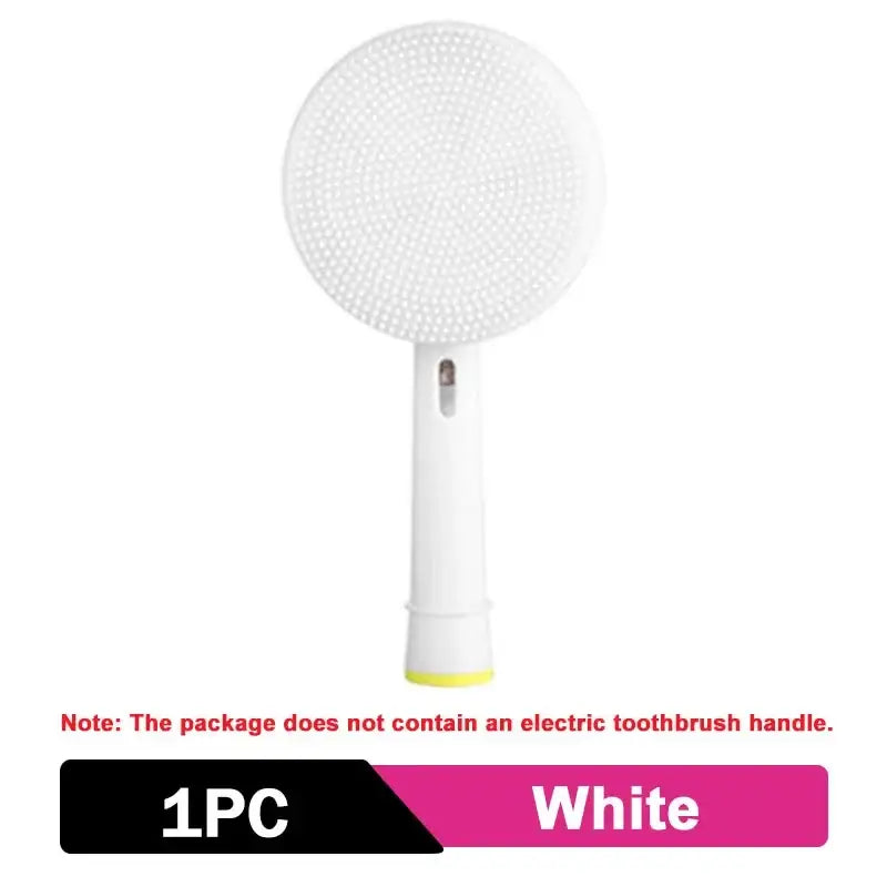 Circular brush head attachment for an electric toothbrush with a white handle.