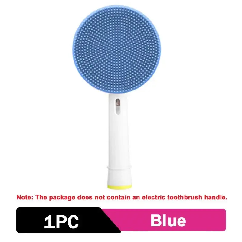 Circular blue silicone brush head attachment for an electric toothbrush.