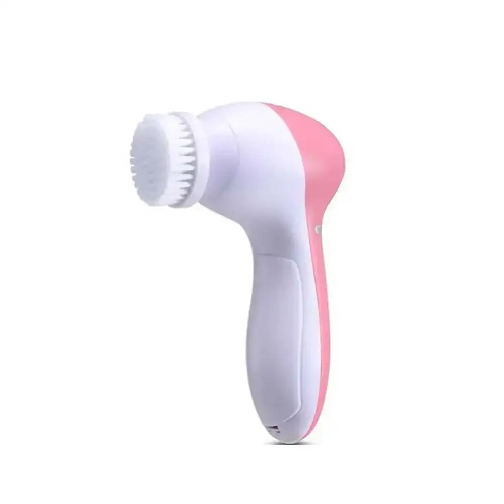 Handheld facial cleansing brush with a white and pink design.