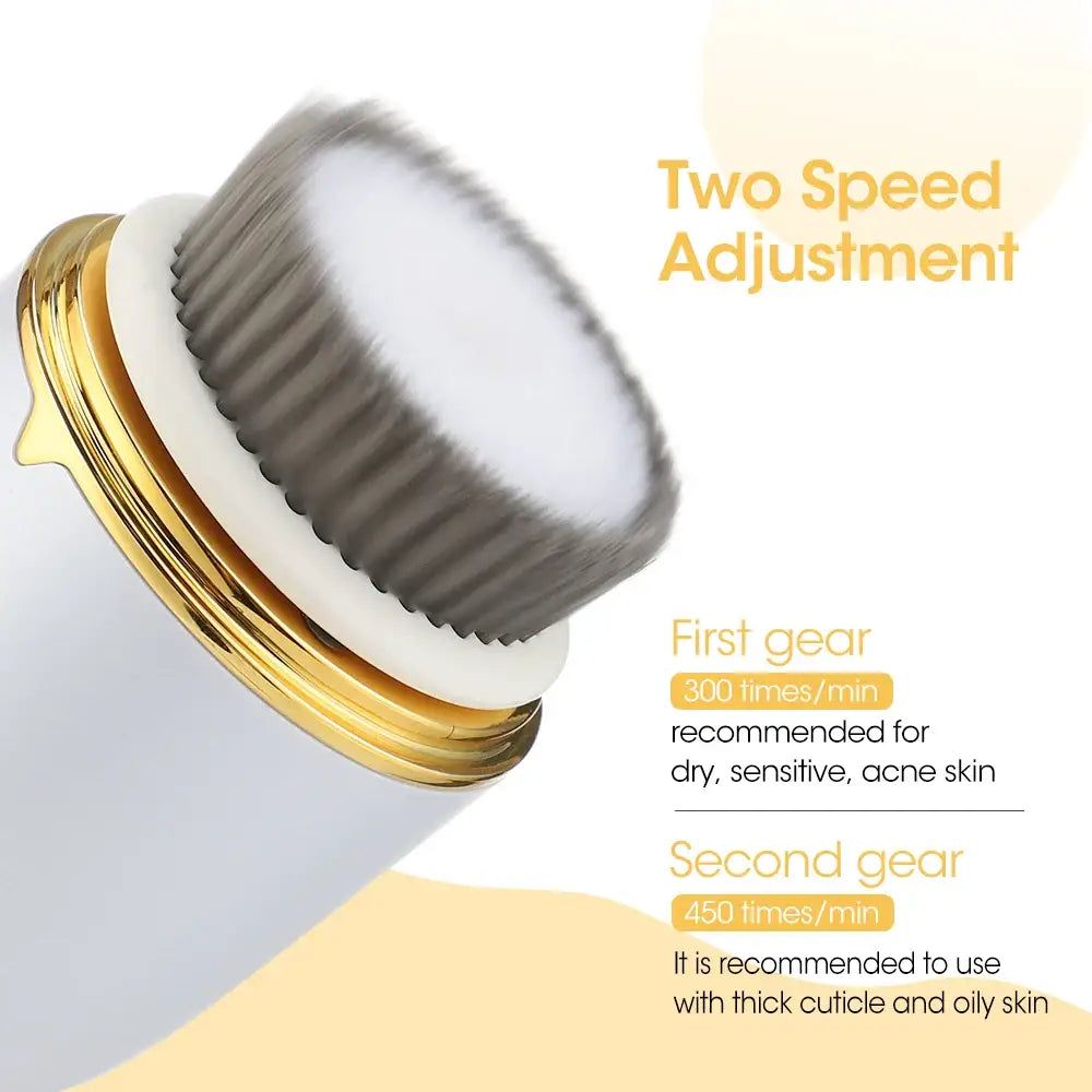 Facial cleansing brush head with two speed settings for different skin types.