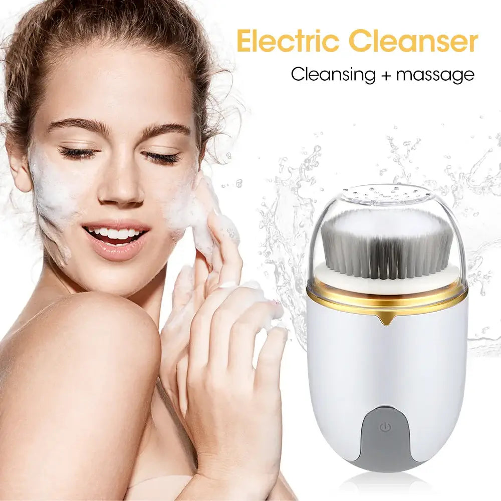 Electric facial cleansing and massage device with a round brush head and white body.