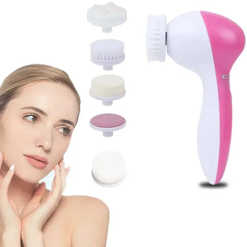 Electric facial cleansing brush with multiple attachments.