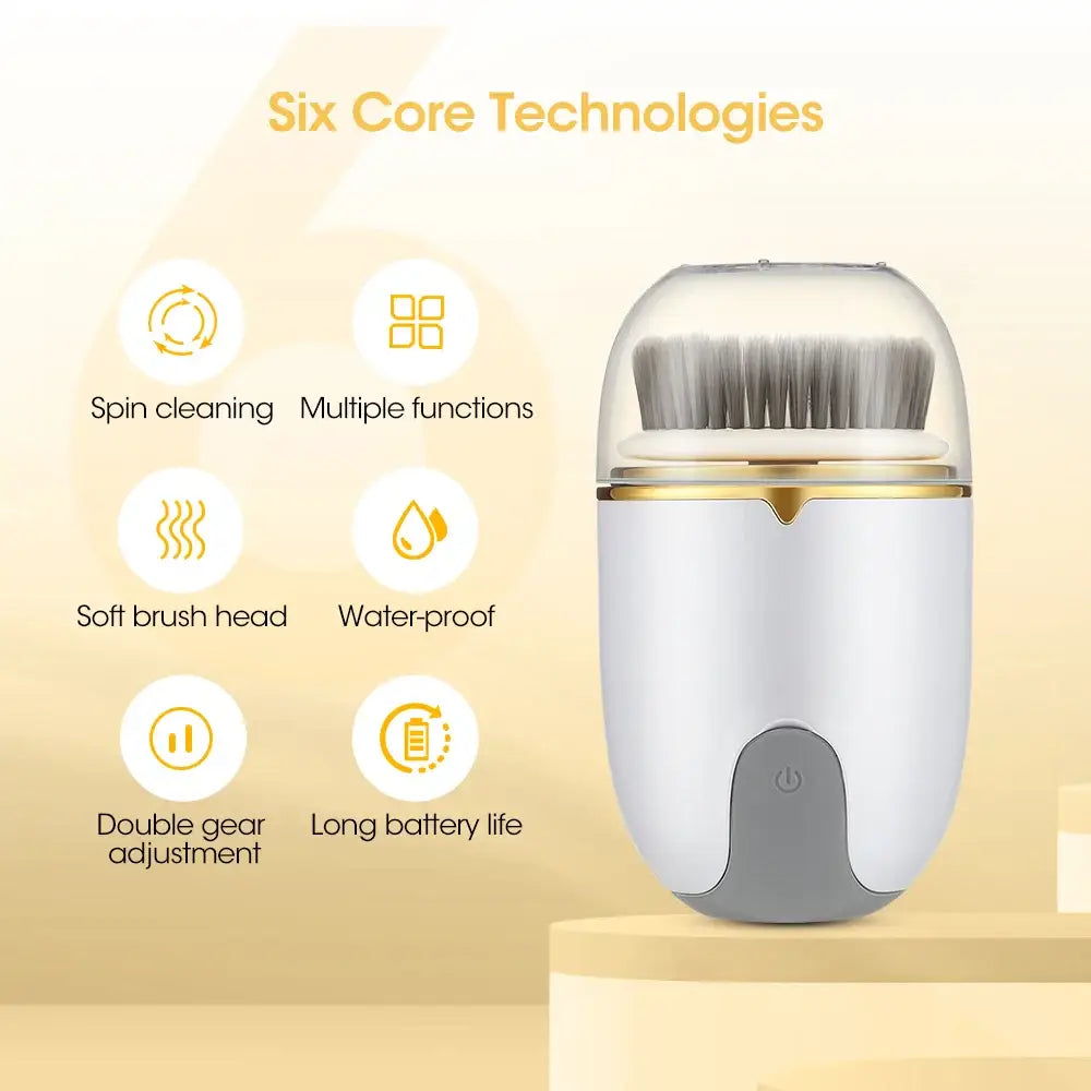 Electric facial cleansing brush with multiple functions and a soft brush head.