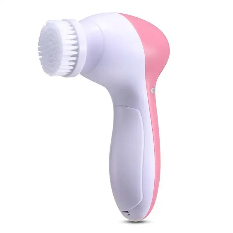 Electric facial cleansing brush with a pink and white design.